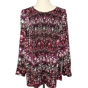 J.Jill Long Sleeves Tunic Top Women Size M Burgundy Smocked 100%‎ Rayon